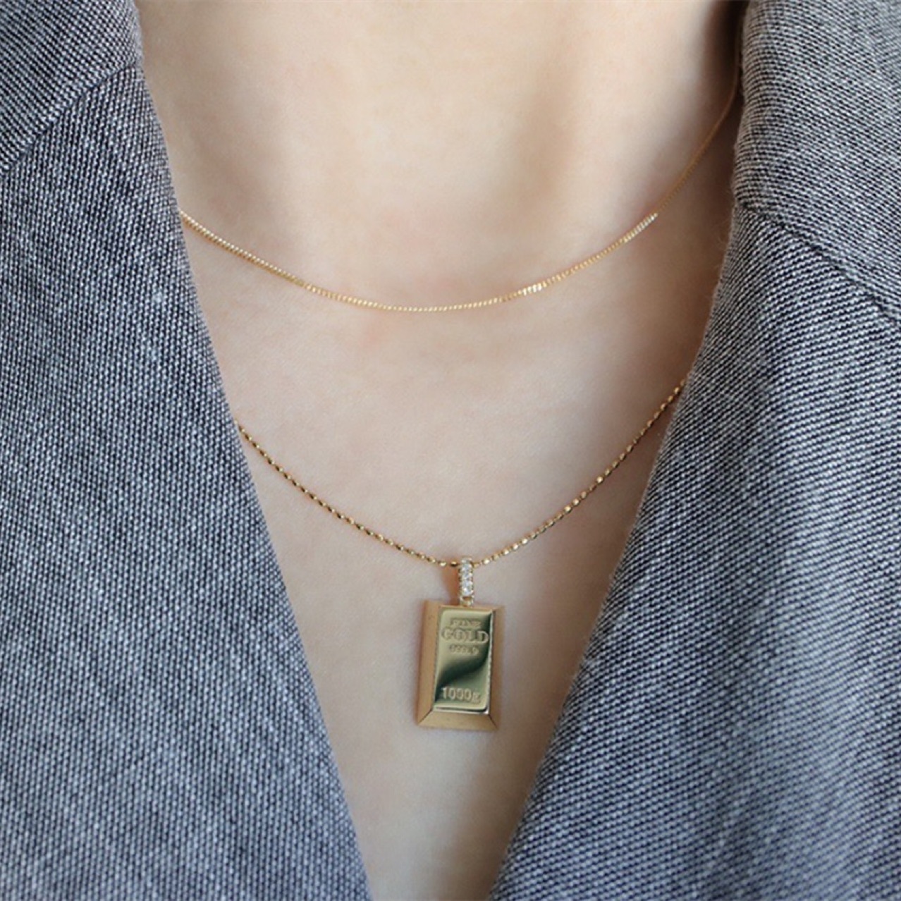 Au750 Gold Gold Bar Natural Diamond Pendant Necklace - Image 8