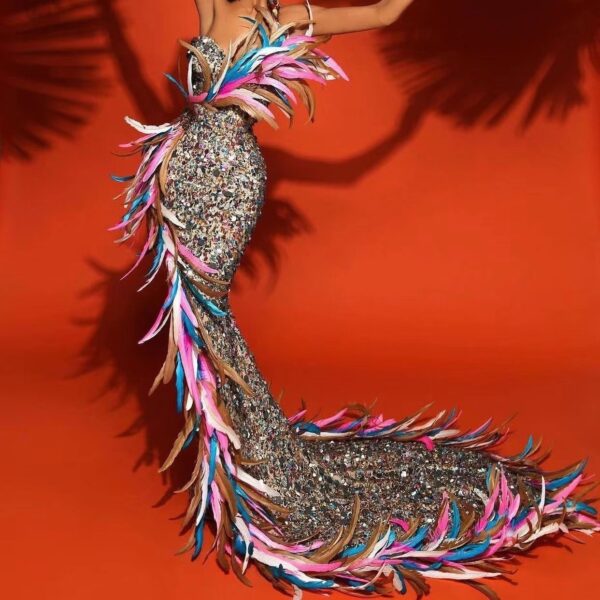 Women's Color Feather Sequins High Slit Tube Top Dress - Image 7