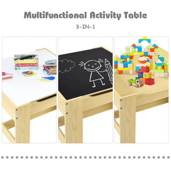 2-in-1 Kids Activity Table And Chairs Set, Double-Sided Whiteboard & Blackboard, With Hidden Storage, Certified Non-Toxic MDF, Perfect Gift For 3-7 Years Old (Natural) - Image 3