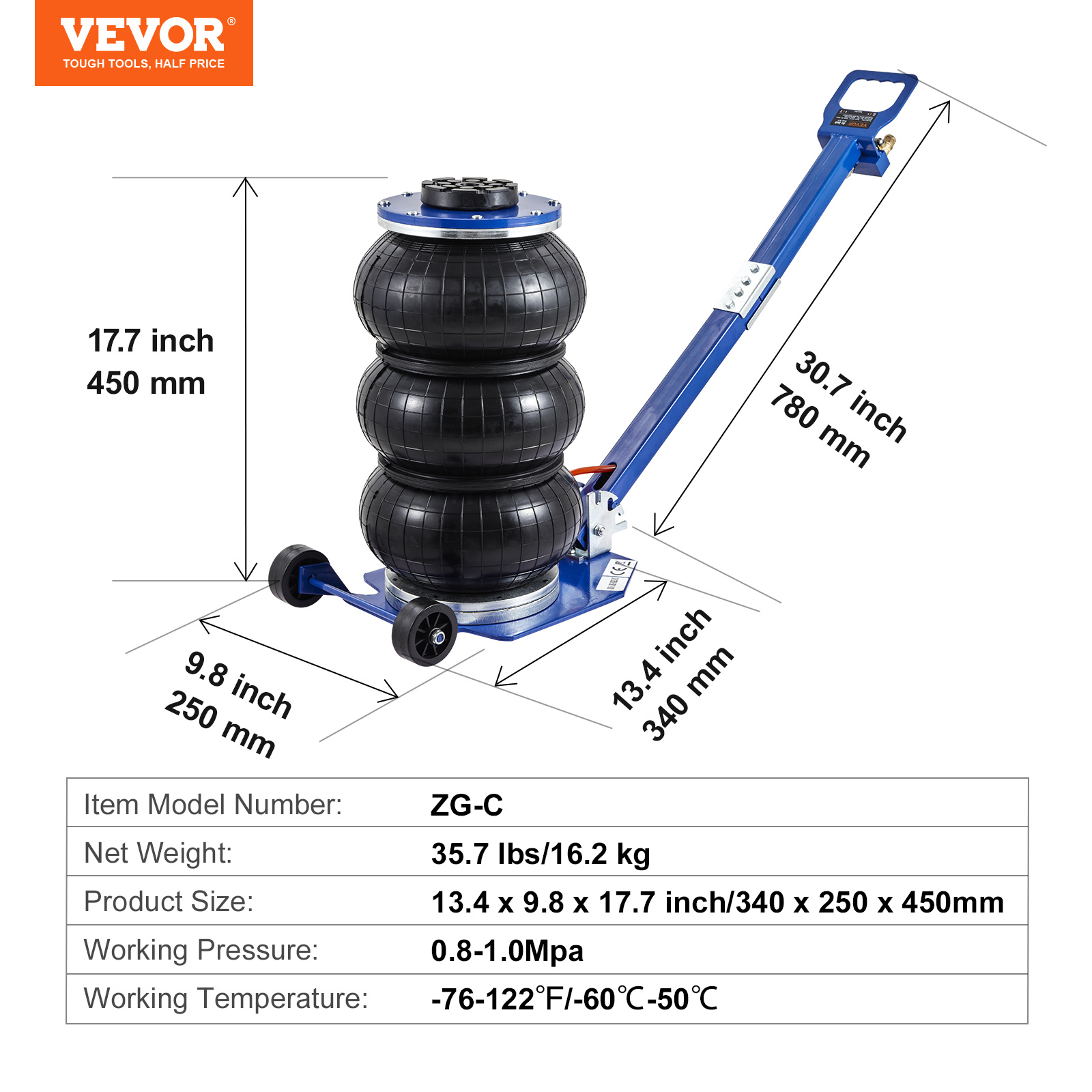 VEVOR Air Jack, 3 Ton 6600 Lbs Triple Bag Air Jack, Airbag Jack With Six Steel Pipes, Lift Up, 3-5 S Fast Lifting Pneumatic Jack, With Adjustable Long Handles For Cars, Garages, Repair Blue - Image 3
