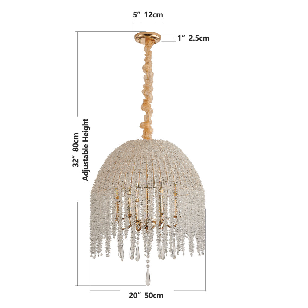 20 Inch 6 Light K9 Crystal Pendant Light Chandelier  Elegant Waterfall Design With Cascading Crystal Bead Strings And Gold Finish For Living Room, Bedroom, Or Dining Area Bulb Not Included