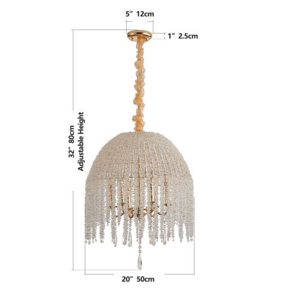 20 Inch 6 Light K9 Crystal Pendant Light Chandelier  Elegant Waterfall Design With Cascading Crystal Bead Strings And Gold Finish For Living Room, Bedroom, Or Dining Area Bulb Not Included