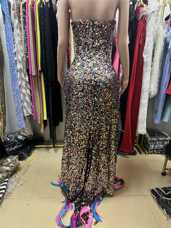 Women's Color Feather Sequins High Slit Tube Top Dress - Image 2