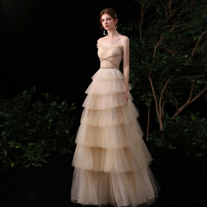 Gold Suspender Strapless Evening Dress Female Banquet Temperament Host