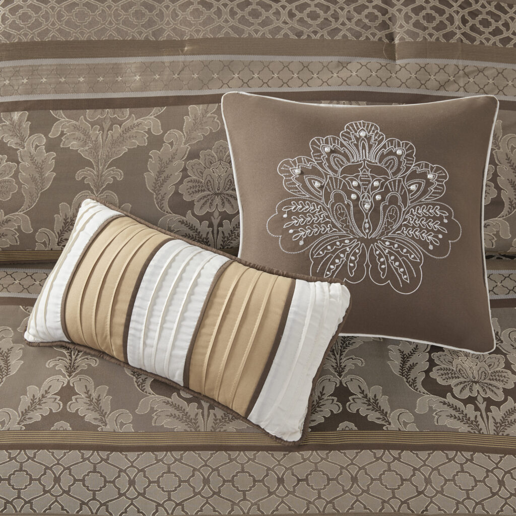 7 Piece Jacquard Comforter Set Brown Gold Cal King