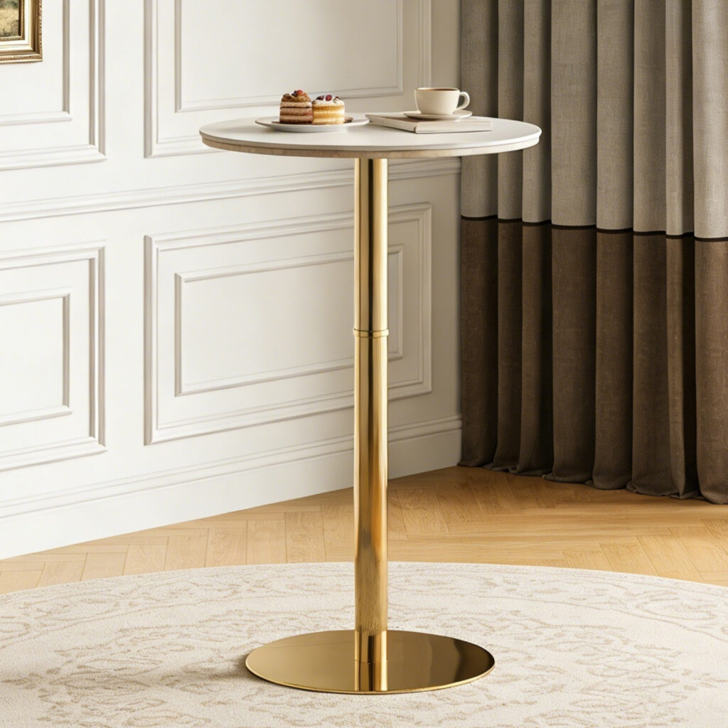 Rock Slab Circular Tabletop Non Adjustable  39.5 Inches High  Bar Table, Bar Table With Gold Legs And Base  White Gold