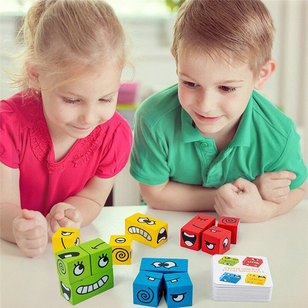 Wooden Expressions Toy Wooden Magic Cube Face Pattern Building Blocks Educational Montessori Toys Wooden Matching Block Puzzles - Image 1