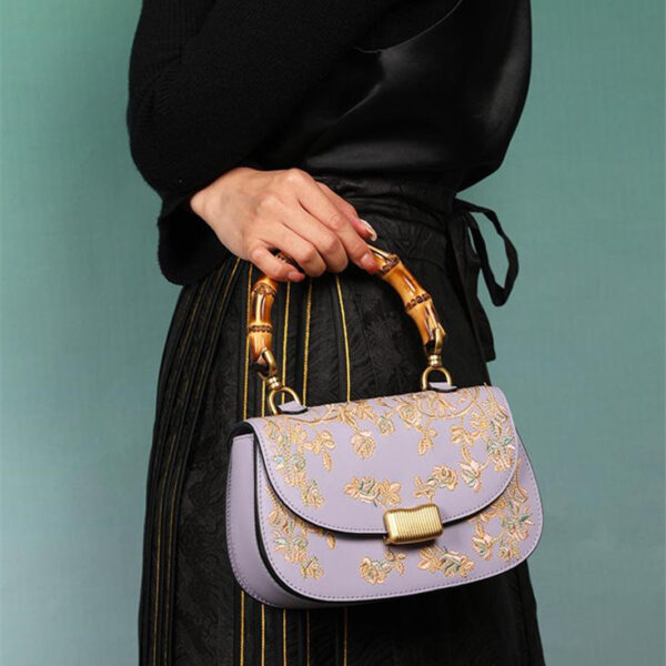 Cowhide Embroidery Ladies Bamboo Handbag - Image 15