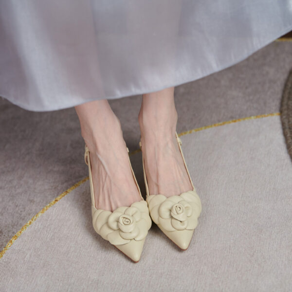 One-line Buckle Leather Elegant Flower Pointed Sandals - Image 13