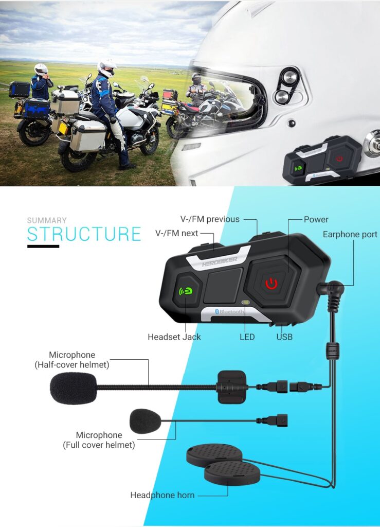 HEROBIKER Motorcycle Intercom Helmet Headset Helmet Waterproof Speaker Interphone Moto Headset Wireless Intercomunicador 1200M