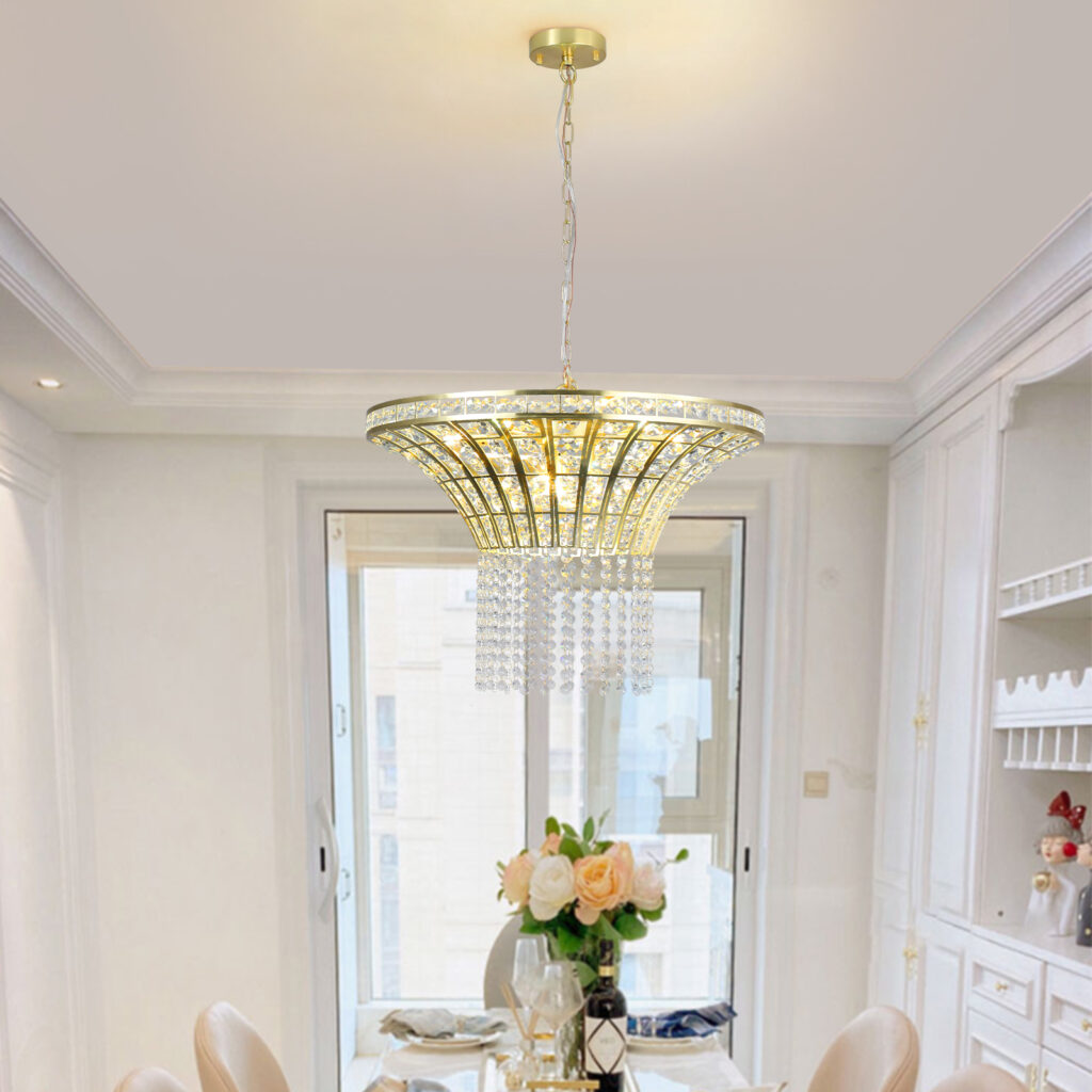 Same As W1340P189414-L005016-D600-P8G 24in Modern Crystal Round Chandelier With Gold Finish, Elegant Pendant Light With Cascading Beads, For Dining Room, Living Room, Or Foyer No Bulbs