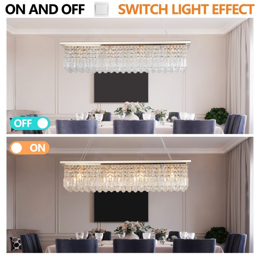 Modern Crystal Chandelier For Dining Room 8-Light Gold Rectangle Raindrop Chandelier Contemporary Rectangular Pendant Light Fixture For Kitchen Island Bar L39.4 X W9.8 X H8.7 Bulb Not Included