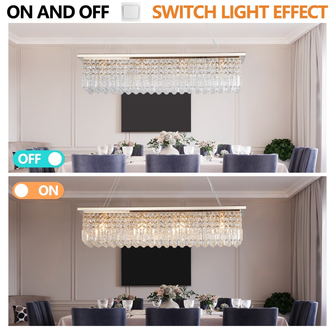 Modern Crystal Chandelier For Dining Room 8-Light Gold Rectangle Raindrop Chandelier Contemporary Rectangular Pendant Light Fixture For Kitchen Island Bar L39.4  X W9.8   X H8.7  Bulb Not Included - Image 2