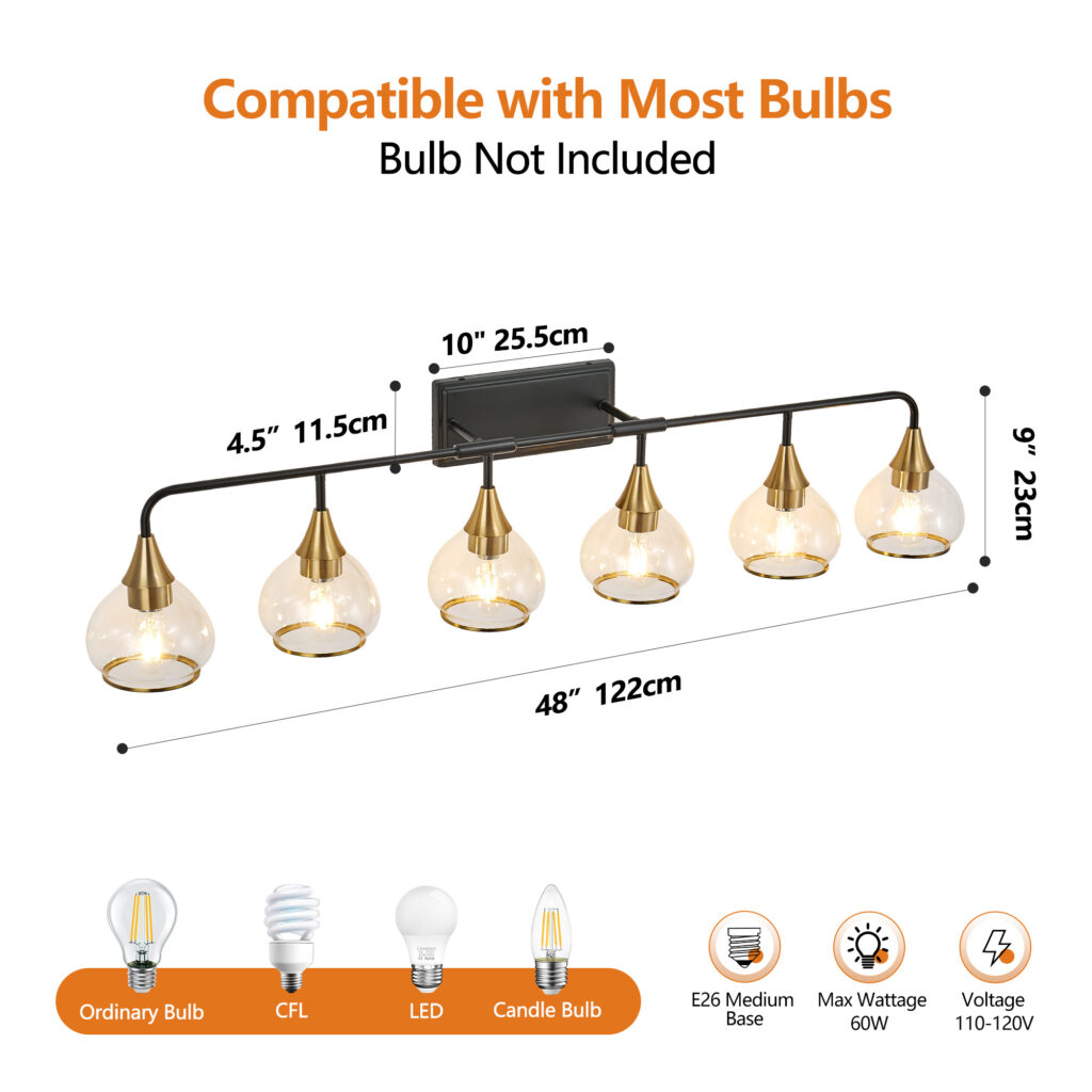 48in  Modern 6-Light Vanity Wall Sconce - Black And Gold Bathroom Light Fixture With Clear Glass Shades, Industrial Wall Mounted Lamp For Mirror, Vanity, And Living Spaces  Bulb Not Included