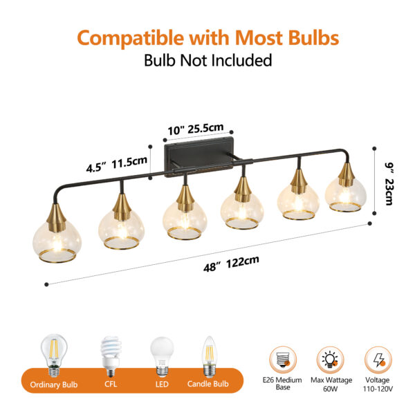 48in  Modern 6-Light Vanity Wall Sconce - Black And Gold Bathroom Light Fixture With Clear Glass Shades, Industrial Wall Mounted Lamp For Mirror, Vanity, And Living Spaces  Bulb Not Included - Image 8