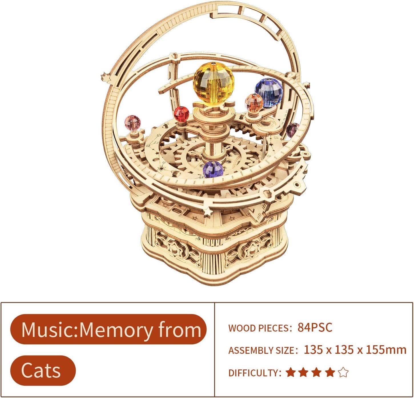 ROKR Rotating Starry Night Mechanical Music Box 3D Wooden Puzzle Assembly Model Building Kits Toys For Children Kids - AMK51 - Image 2