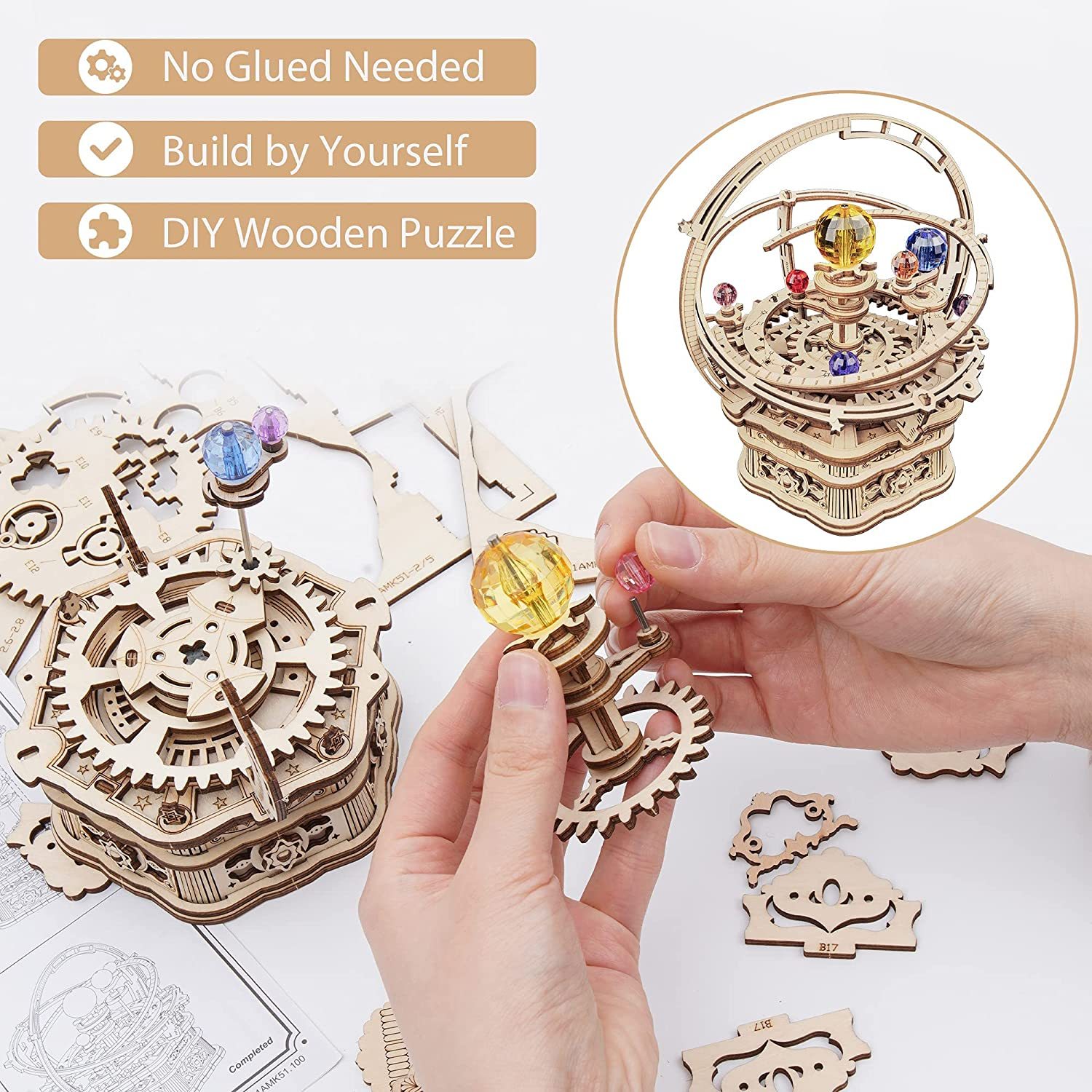 ROKR Rotating Starry Night Mechanical Music Box 3D Wooden Puzzle Assembly Model Building Kits Toys For Children Kids - AMK51 - Image 7