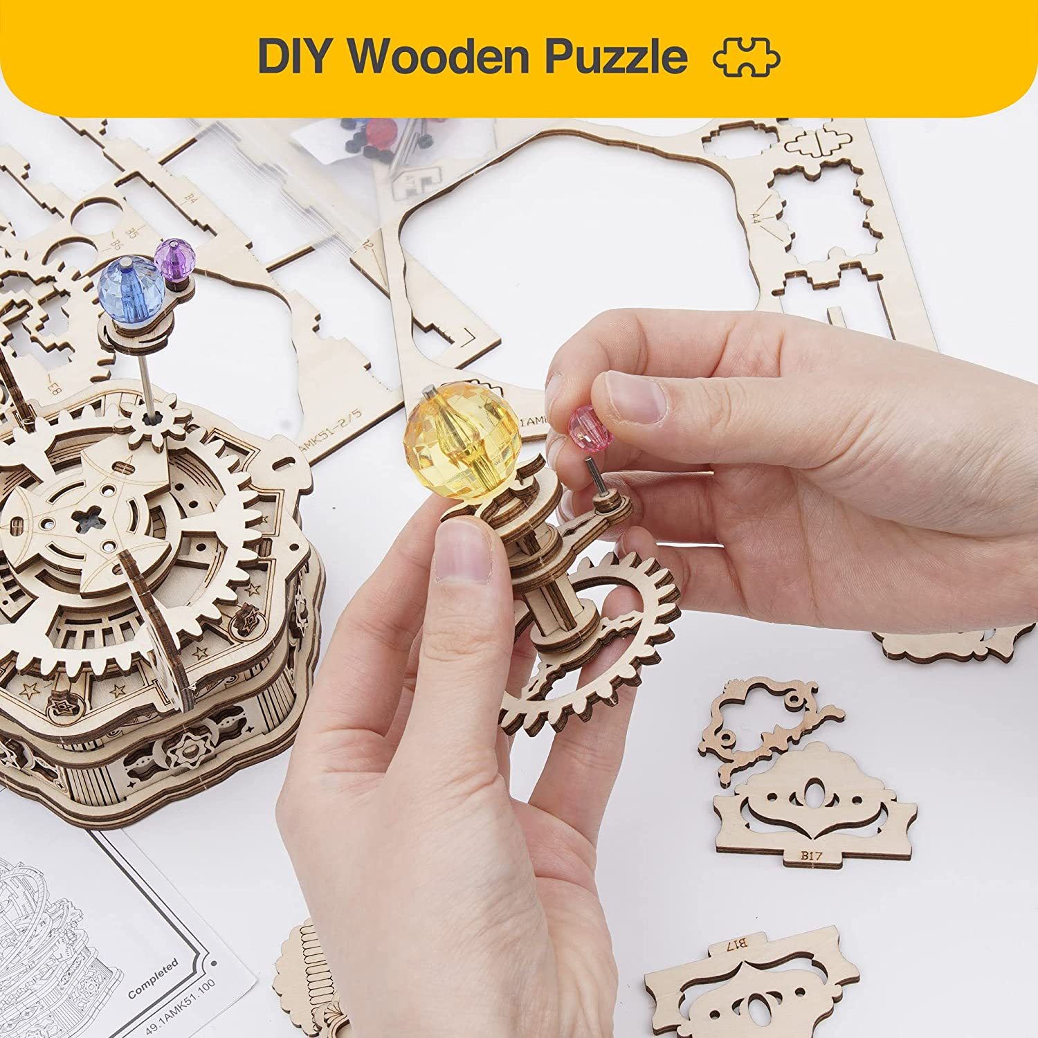 ROKR Rotating Starry Night Mechanical Music Box 3D Wooden Puzzle Assembly Model Building Kits Toys For Children Kids - AMK51 - Image 10