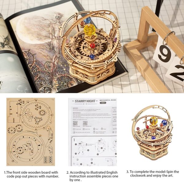 ROKR Rotating Starry Night Mechanical Music Box 3D Wooden Puzzle Assembly Model Building Kits Toys For Children Kids - AMK51 - Image 6