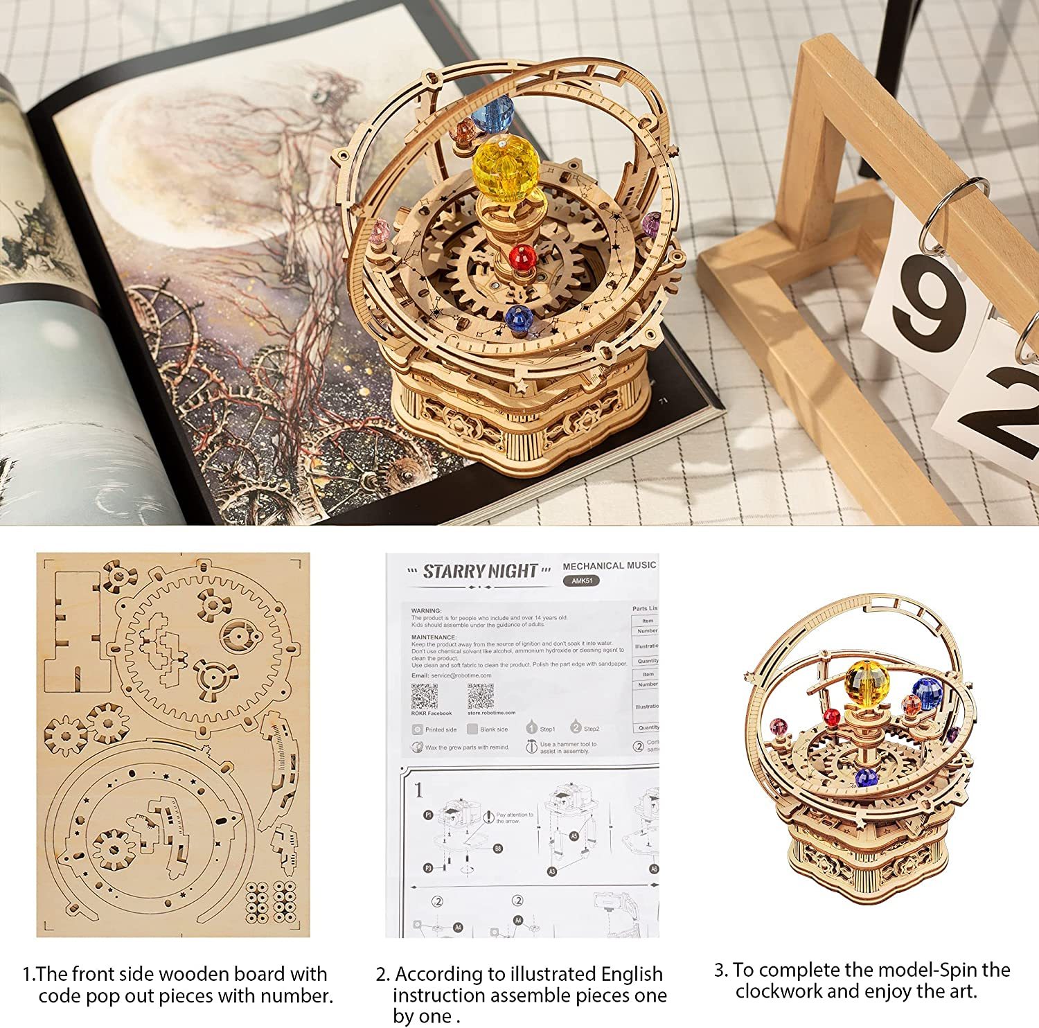 ROKR Rotating Starry Night Mechanical Music Box 3D Wooden Puzzle Assembly Model Building Kits Toys For Children Kids - AMK51 - Image 6