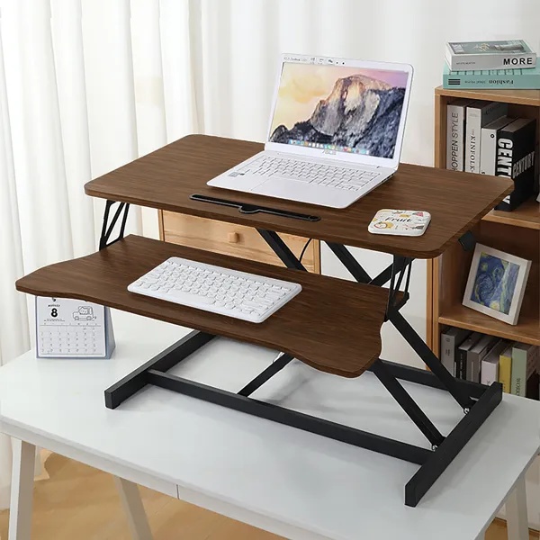 32 Inch Desk Converter, Height Adjustable Sit To Stand Riser, Dual Monitor And Laptop Workstation With Wide Keyboard Tray, Walnut Color - Image 6