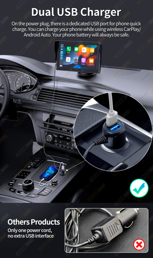 7 Car Wireless CarPlay Display Cigarette Lighter Interface Suction Cup Universal