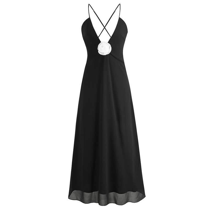 Elegant Deep V-neck Decorative Flower Suspender Skirt - Image 21
