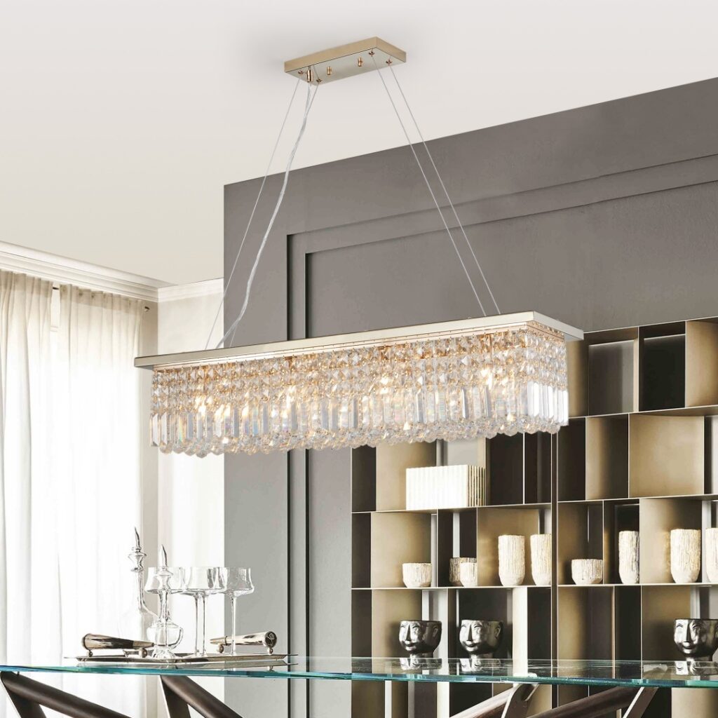 Modern Crystal Chandelier For Dining Room 8-Light Gold Rectangle Raindrop Chandelier Contemporary Rectangular Pendant Light Fixture For Kitchen Island Bar L39.4  X W9.8   X H8.7  Bulb Not Included