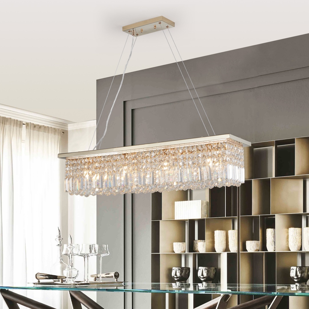 Modern Crystal Chandelier For Dining Room 8-Light Gold Rectangle Raindrop Chandelier Contemporary Rectangular Pendant Light Fixture For Kitchen Island Bar L39.4  X W9.8   X H8.7  Bulb Not Included - Image 1