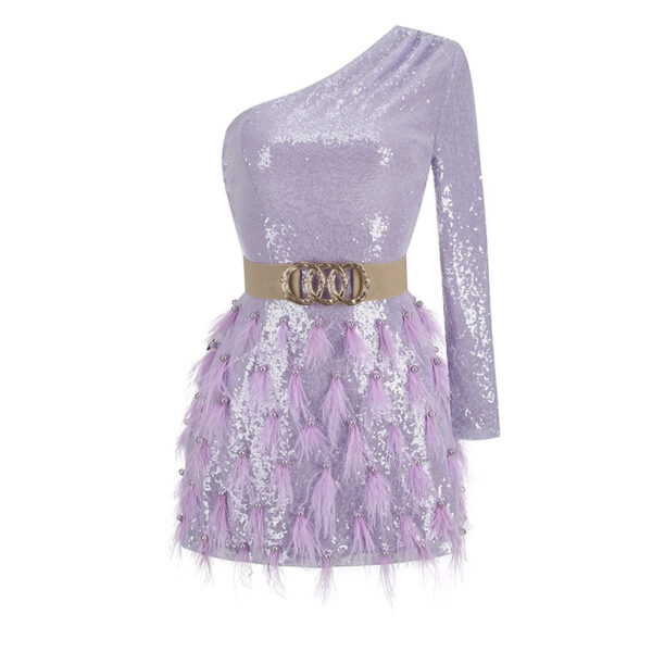 Women's Solid Color Waist Cinched Sequin Feather Decoration Dress - Image 30