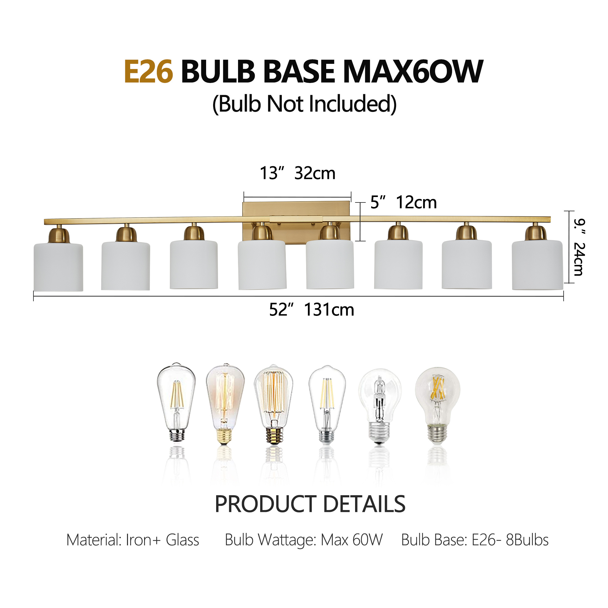 52inch Gold Bathroom Light Fixtures, Modern Bathroom Vanity Light With Milky White Glass Shade, Gold Wall Lamp Sconces For Mirror Bedroom, Living Room Hallway - Image 2
