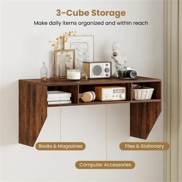 Rustic Brown Wall-Mounted Floating Computer Desk With 3-Cube Storage, Sturdy Wooden Workstation For Home Office - Image 3
