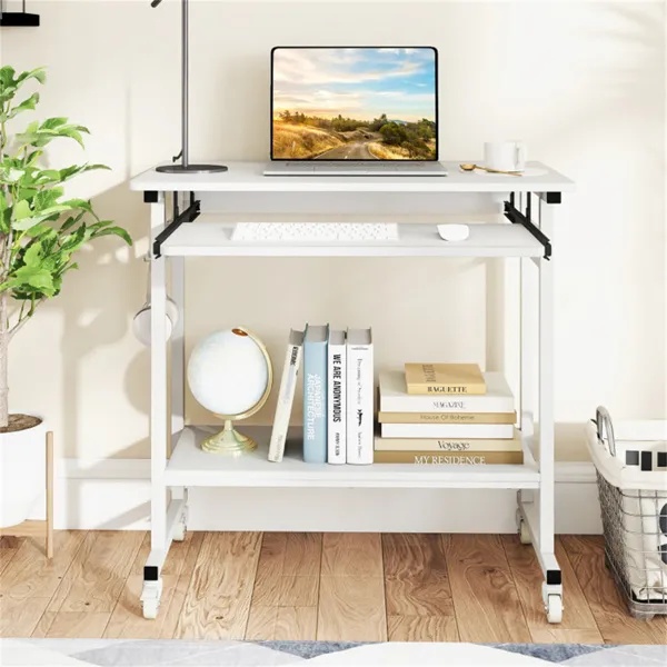 White Mobile Computer Desk With Keyboard Tray & Storage Shelf, 360 Lockable Casters For Home Office - Image 2