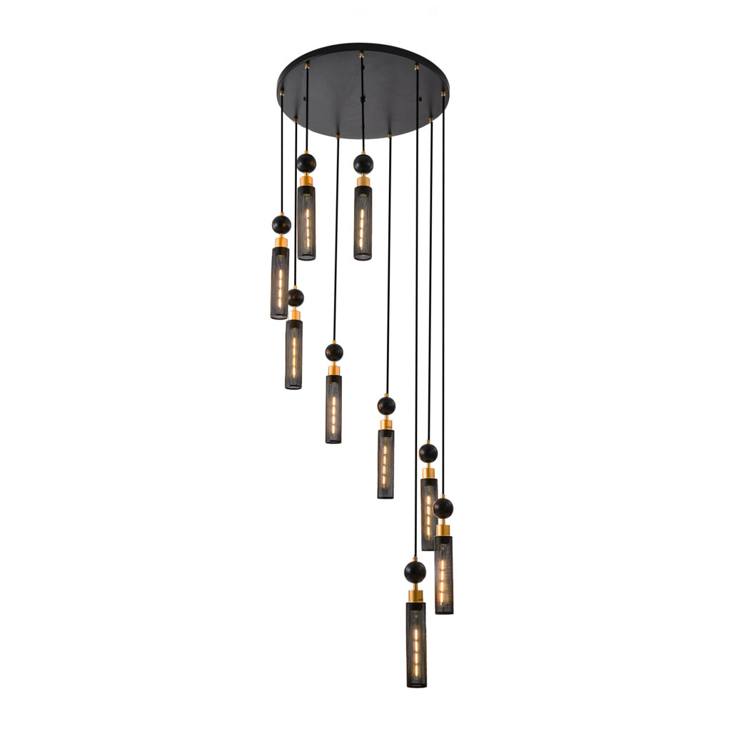 24 Modern Industrial Multi-Light Pendant Chandelier - 9-Light Black And Gold Adjustable Ceiling Light Fixture With Mesh Cylinder Shades For Living Room, Dining Room, Or Staircase Bulb Not Included