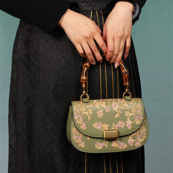Cowhide Embroidery Ladies Bamboo Handbag - Image 14