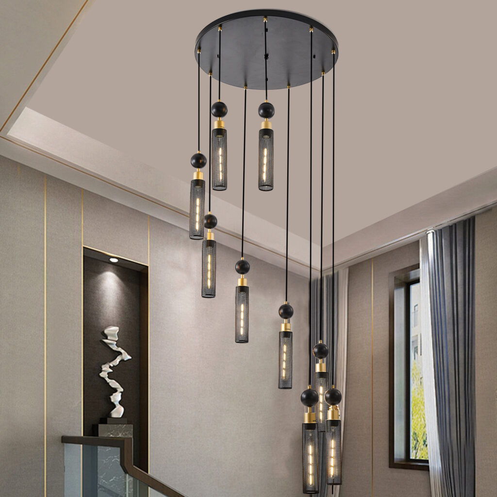 24 Modern Industrial Multi-Light Pendant Chandelier - 9-Light Black And Gold Adjustable Ceiling Light Fixture With Mesh Cylinder Shades For Living Room, Dining Room, Or Staircase Bulb Not Included