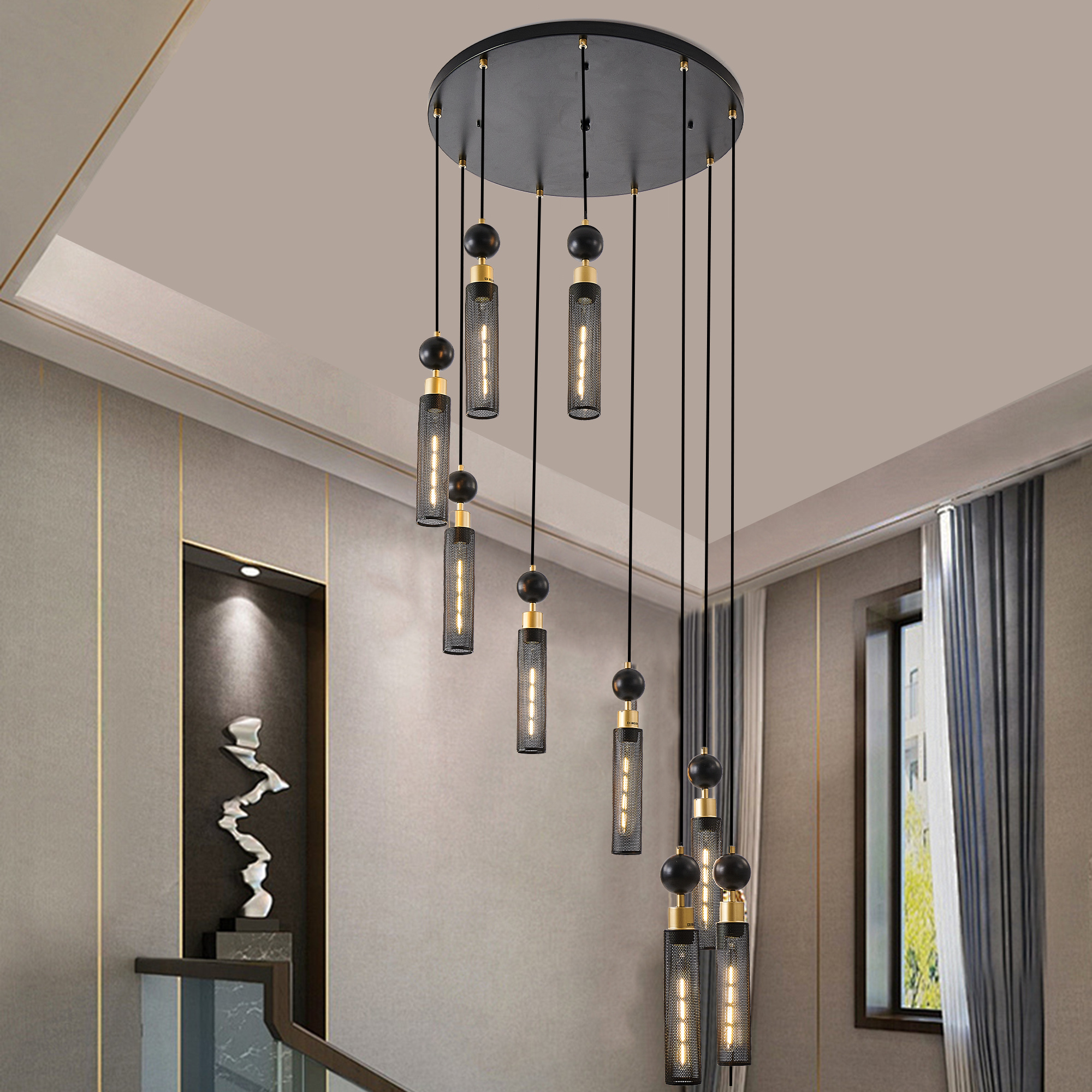 24 Modern Industrial Multi-Light Pendant Chandelier - 9-Light Black And Gold Adjustable Ceiling Light Fixture With Mesh Cylinder Shades For Living Room, Dining Room, Or Staircase Bulb Not Included - Image 1
