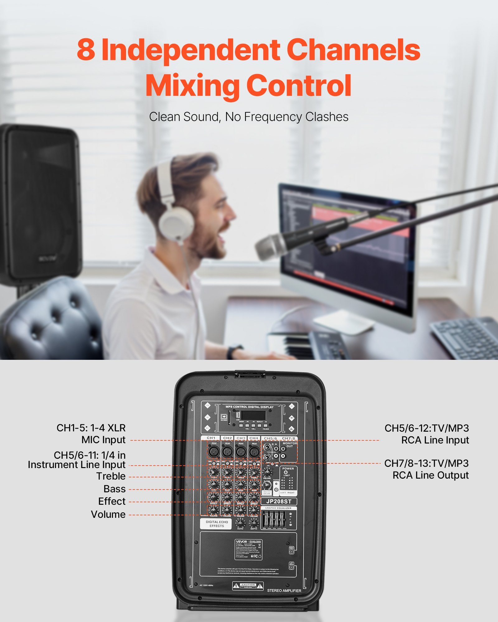 2 X 8 In Speakers Portable PA System 300W Mixer Bluetooth Mic For DJ Party - Image 2