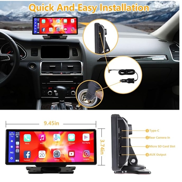 Portable Wireless Carplay With 2.5K Camera, 1080P Back Cam 9.3inches Ultra HD Android Auto Car Play Screen For Car DVR Loop Recording, Bluetooth GPS Navigation Touch Drive Screen With FM Radio System - Image 1
