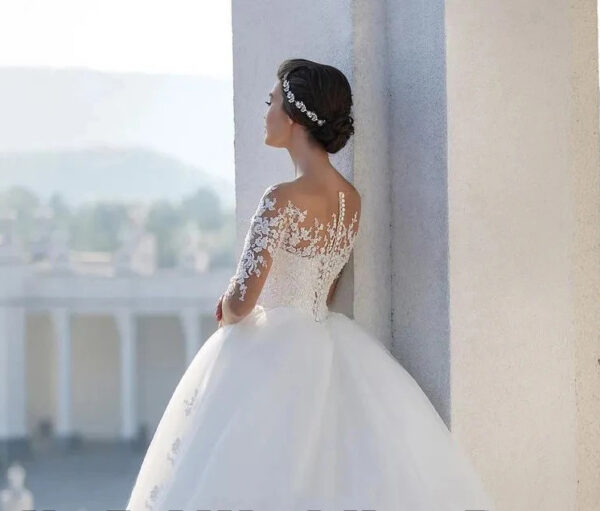 Bridal Mesh Long Sleeve Embroidered Wedding Dress - Image 3