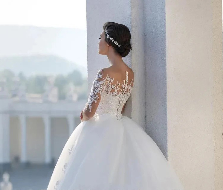Bridal Mesh Long Sleeve Embroidered Wedding Dress - Image 3