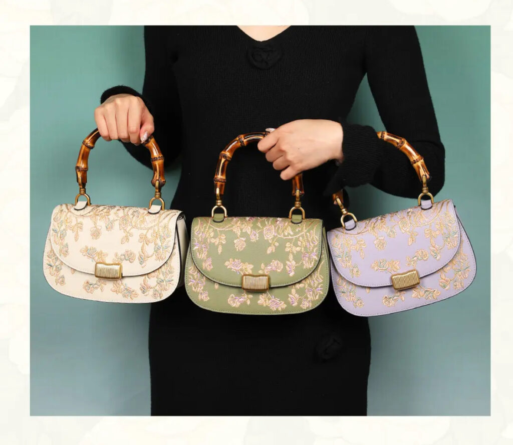 Cowhide Embroidery Ladies Bamboo Handbag
