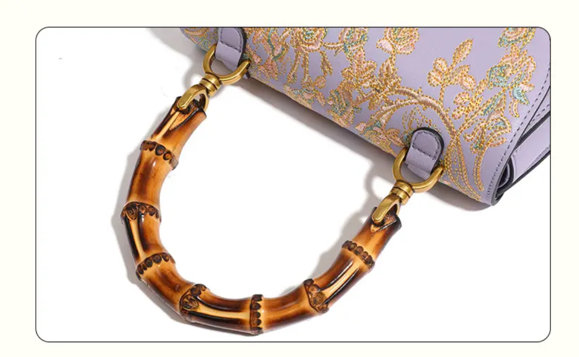 Cowhide Embroidery Ladies Bamboo Handbag - Image 11