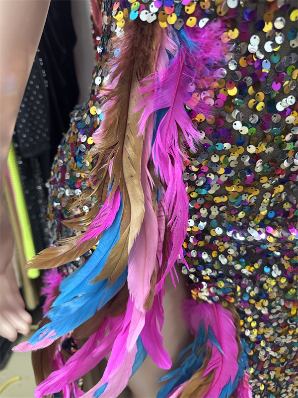 Women's Color Feather Sequins High Slit Tube Top Dress - Image 14