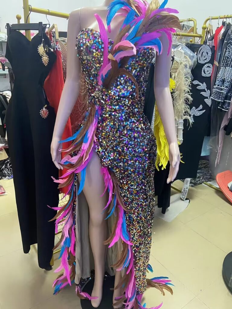Women's Color Feather Sequins High Slit Tube Top Dress