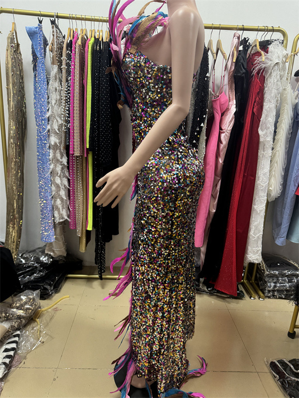 Women's Color Feather Sequins High Slit Tube Top Dress - Image 11