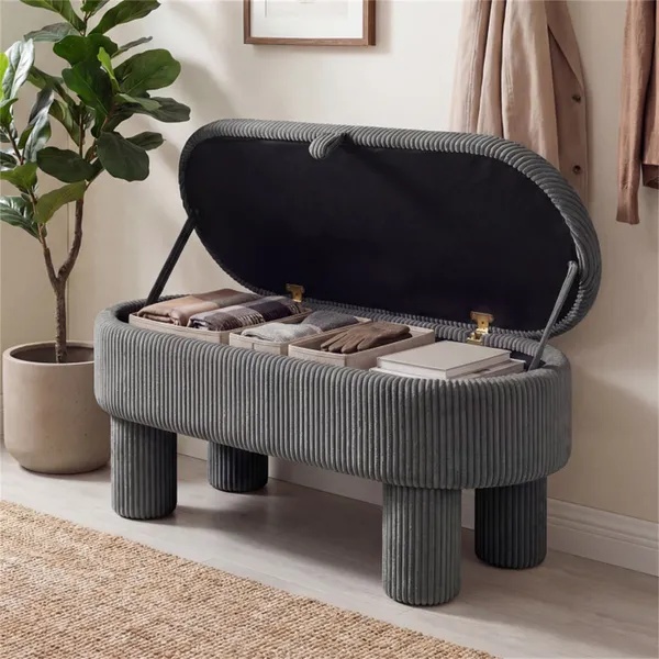 Gray 42 Inch Corduroy Storage Bench, Plush Foam Cushion & Hidden Compartment, 400LBS Seat Weight Capacity - Image 5