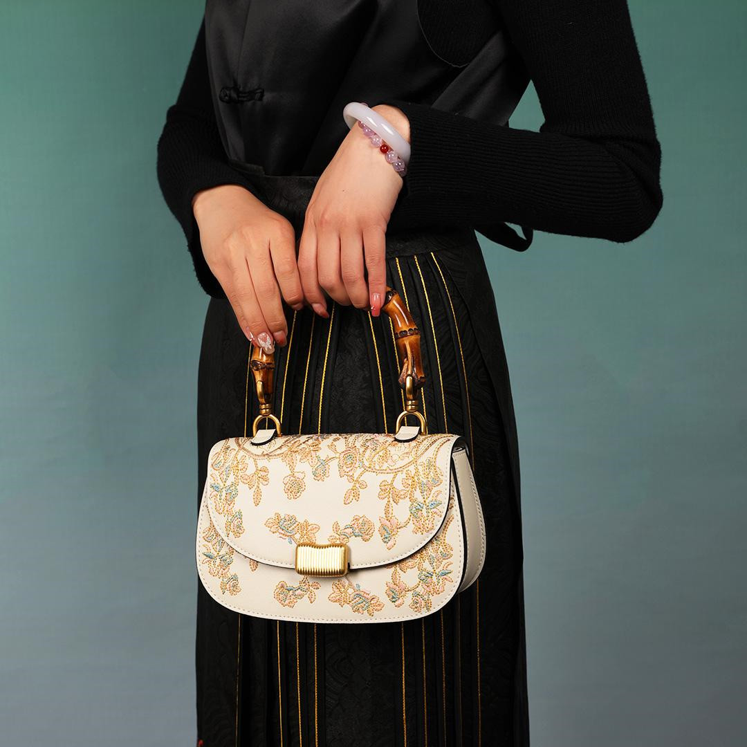 Cowhide Embroidery Ladies Bamboo Handbag - Image 16
