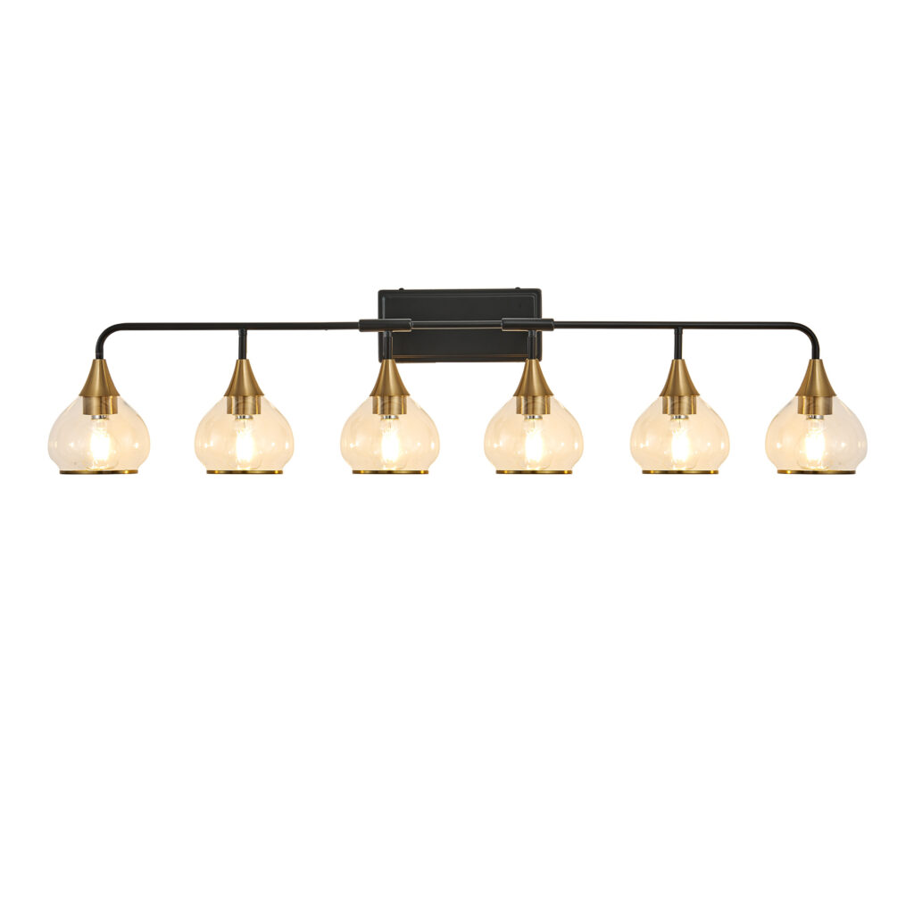 48in  Modern 6-Light Vanity Wall Sconce - Black And Gold Bathroom Light Fixture With Clear Glass Shades, Industrial Wall Mounted Lamp For Mirror, Vanity, And Living Spaces  Bulb Not Included