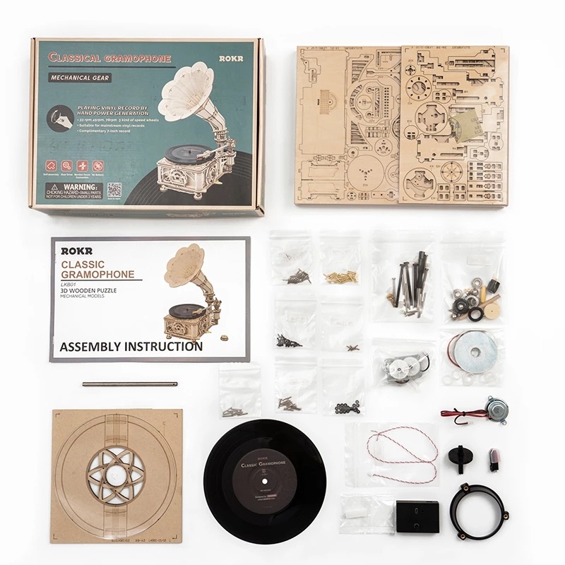 Robotime ROKR DIY Hand Crank Classic Gramophone Wooden Puzzle Model Building Kits Assembly Toy Gift For Children LKB01 - Image 6